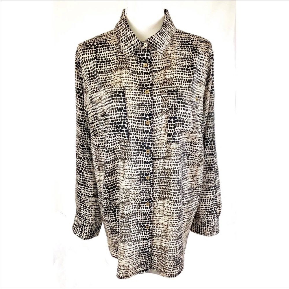 CALVIN KLEIN Brown Black Gold Button Down Blouse